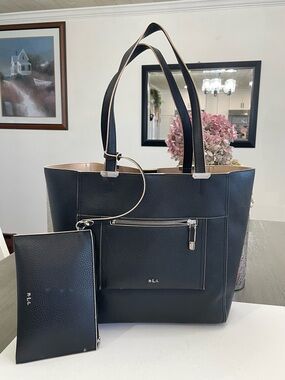 R-L-L Black Leather Tote with Removable Pouch